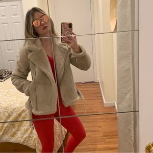 Abercrombie & Fitch Faux Suede Shearling Moto Motorcycle Jacket Beige Off White